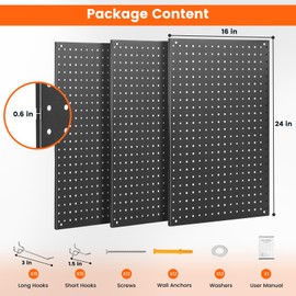 ENJOYWOOD Pegboard, 3 PCS 24"×16" Metal Peg Board Panels Black Modular Wall Organizer Kit with 30 Hooks, Dual-Size Hole Design for Home Tool Storage, Garage Organization, Kitchen, Office, Craft Room