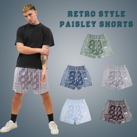 MECH-ENG Men's Paisley Shorts (2 Pieces) Mesh Graphic Bandana Print Boho Summer Beach Lightweight Drawstring Shorts(Blue+Brown Small)