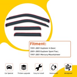 PLDDE in-Channel Rain Guards Compatible with 2001-2005 Sport Trac 1997-2001 Mercury Mountaineer 1991-2001 Explorer Side Window Visor Wind Deflector Vent Visors Car Accessories Tape-On 4pcs