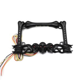 XKMT- Black Cruiser Accessories Skull & Flame LED License Plate Tag Frame Holder Compatible With H-D Kawasaki [P/N: MT294-006A-BK]