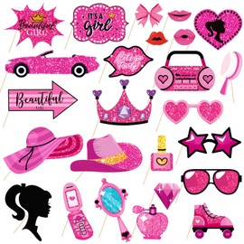 KIPTVO 25PCS Pink Selfie Props, Pink Princess Hats Sunglasses Crown Selfie Props, Photo Booth Props, Funny Birthday Selfie Props, for boy Girls Party Supplies Accessories