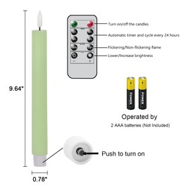 DRomance Green Flameless Flickering Taper Candles Battery Operated with 10-Key Remote and Timer 6 Packs 3D Wick Vertical Stripe Real Wax LED Taper Candles Spring Dinner Holiday Decor(0.78 x 9.64 Inch)