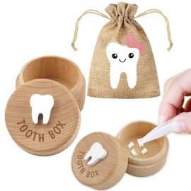 STSAIL 3D Carved Tooth Fairy Box With Bag - Wooden Keepsake Holder for Kids' Lost Teeth - Toddler Gift