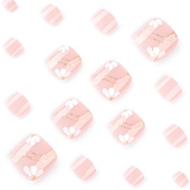 Square False Toenail Short - 24Pcs French Fake Toenail - Nude Pink Press on Toenail with Flower Print Foil Stamping - Gold Foil Stick on Nails Removable Glue-on - Acrylic Full Cover Nail Art for Women