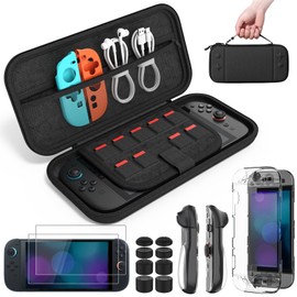 MoKo Switch2 収納バッグ 専用保護アクセサリーセット 本体PCケース ジョイコンTPUケース スティックキャップ8枚 スクリーン保護ガラスフィルム2枚 全面保護 高耐久性 摩耗防止 保護用品セット Black