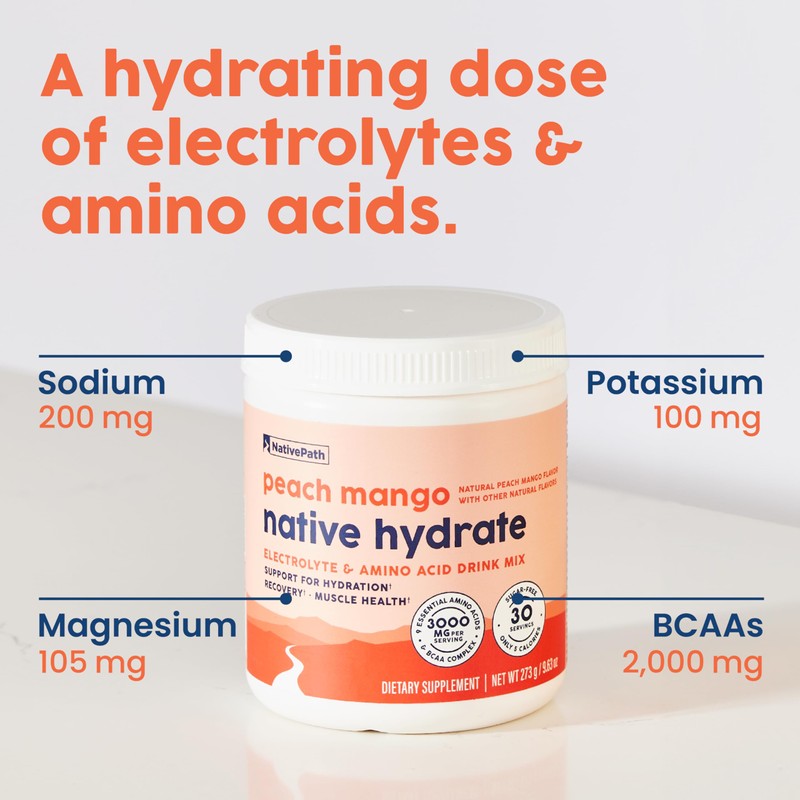 NativePath Native Hydrate, Zero Sugar, Electrolytes Powder with BCAAs, Peach