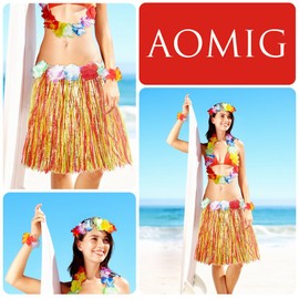 Aomig Hawaiian Grass Skirt, 5 Pcs Hawaiian Garlands, Tropical Fancy Colorful Dress Hawaiian Headband Necklace Wristband Flower, 40CM Hawaiian Leis Set for Kid, Adult, Women Summer Beach Tropical Party