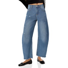 Cicy Bell Womens Barrel Jeans 2024 Fall Baggy Boyfriend Ripped Cropped Raw Hem Denim Pants