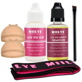 MIILYE Wig Glue for Front Lace Wig Install Kit with Adhesive Remover, Wig Caps, Melting Band, Strong Hold Lace Glue for Invisible Hair Bonding, White