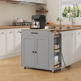 HOOBRO Kitchen Island with Power Outlet, Storage Island with Spice Rack and Drawer, Rolling Kitchen Cart on Wheels, for Home, Dining Room, Natural and Gray