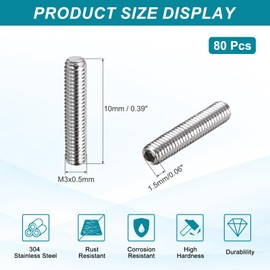 MECCANIXITY 80 Pcs M3-0.5 x 10mm Grub Screws, 304 Stainless Steel Cup Point Allen Head Screws Internal Hex Socket Drive for Bathroom Fixtures Repair Furniture DIY Project
