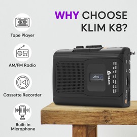 KLIM K8 Cassette Tape Player Portable + Cassette Recorder + New + AM/FM Walkman Cassette Player + Built-in Microphone & Speaker + Headphone Jack & Earphones (Renewed)