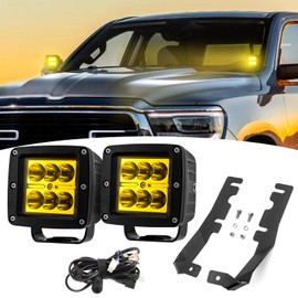 Wsays 2PCS LED Amber Light Pods & Ditch Hood Hinge LED Pod Mount Bracket w/Wiring Kit Compatible with Dodge RAM 1500 2019-2024
