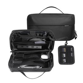 HEXCAL Tech Pouch - Water-Resistant Electronics Travel Organizer with 20+ Compartments, Spacious Cord Organizer for Cables, Chargers, SD Cards, Airplane Travel Essentials, Black
