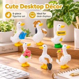 Mini Resin Duck Figurines for Home Decor – Cute 6-Piece Pastoral Duck Set for Desktop, Car Dashboard and Miniature Displays