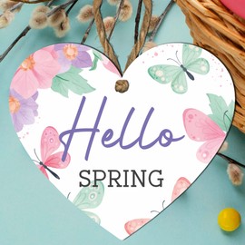 Springtime Wooden Heart Plaque - "Hello Spring" Quote | Rustic Easter Gift | Seasonal Home Decor | Versatile & Customisable Hanging Accessory | Handcrafted & Sustainable
