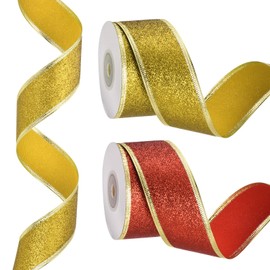 PATIKIL 20 Yards x 1.5" Christmas Ribbon, Metallic Wired Gift Wrapping Shine Ribbon Satin for Craft Birthday Wedding Festival Decoration, Red/Gold