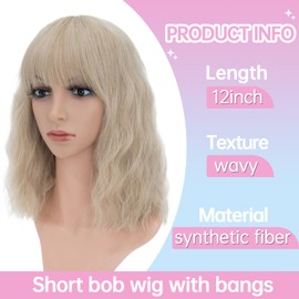 S-noilite 12inch Short Blonde Bob Wigs With Bangs For Women Loose Wavy Curly Wig Shoulder Length Bob Cut Synthetic Hair Anime Cosplay Wig Colorful Costume Wigs