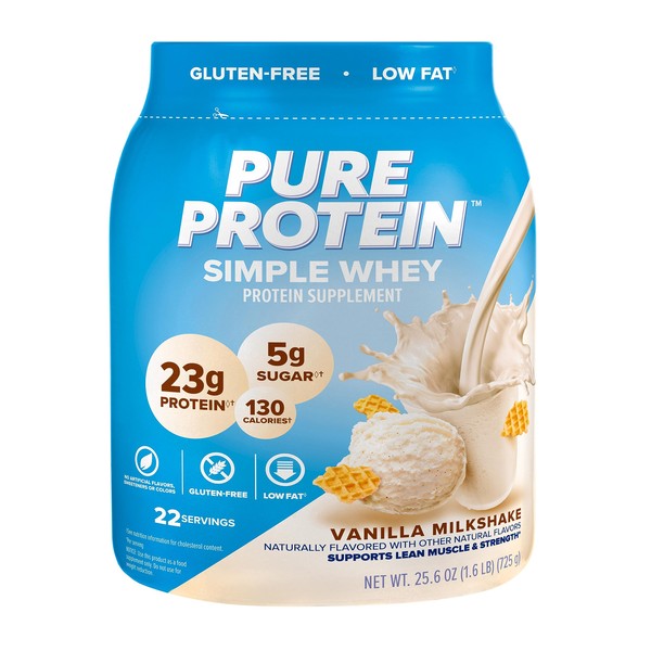 Pure Protein Simple Whey Powder, High Protein, Low Sugar, Gluten Free, French Vanilla, 1.6 lbs