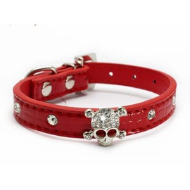 Bbmmayy Cute Dazzling Sparkling Elegant Fancy Skull Diamond Crystal Rhinestone Leather Small Pet Dog Cat Collar Puppy (XS, Red)