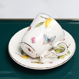 Sizikato Porcelain Cup and Saucer Set with Gold Trim, 3 Oz Mini Teacup Espresso Cup, Lemon and Butterfly Pattern