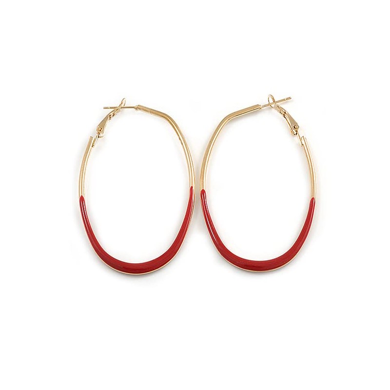 60mm Tall/Gold Tone with Red Enamel Oval Hoop Earrings/Large Size