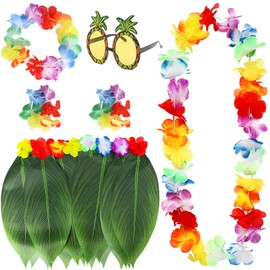 Scinzene 6 Piece Hawaii Outfit Women's Set, Leaf Skirt with Hawaiian Chain Flowers, Pineapple Sunglasses, Headwear, Bracelet, for Hawaii Tropical Birthday Party Accessories, Hawaiian Decoration