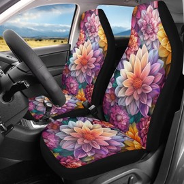 Qpednta Boho Floral Car Seat Covers 2 Pcs Stretch Polyester Fabric Cover Waterproof Car Seat Cover Easy Installation Universal Size Fit for Most Cars SUVs Trucks Vans