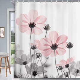 MERCHR Unique Floral Pink Shower Curtain for Bathroom Decor, Pink and Grey Daisy Flower Elegant Wildflower Design Farmhouse Shower Curtains with Hooks Set, 71 X 78 Inches