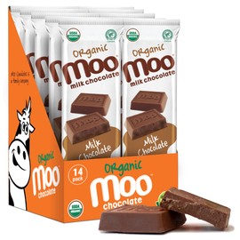 Moo Chocolates Organic Solid Milk Chocolate Large Bars 1.4 oz, 14 ct (Pack of 1) | USDA Organic, Non-GMO | 110 Calorie Snacks for On-the-Go, Lunchboxes, Office