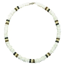 Native Treasure 18" Mens and Womens Tropical Summer Beach Surfer Necklace From the Philippines, White Rose Clam Chips Ark Shells and Coconut Beads, Mens Shell Necklace