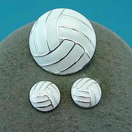 Unbranded Volleyball Enameled White Pin and Earrings Set