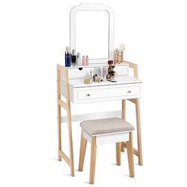 AUGESTER 25Inch Vanity Table Set, Dressing Table w/ Large Mirror & Cushioned Stool, Makeup Table w/ 2-Tier Tabletop & 3 Drawers & Chic Design, Compact Vanity Set for Women Girls, White