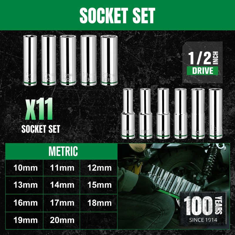 SK 1/2" Drive Socket Set, Deep Metric Sockets, 11-Piece 10-20mm,