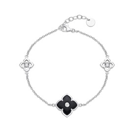Lavari Jewelers Black Onyx and Cubic Zirconia Flower Bracelet for Women in 925 Sterling Silver with Rhodium Plating 7 to 8 Inches Adjustable Lobster Claw