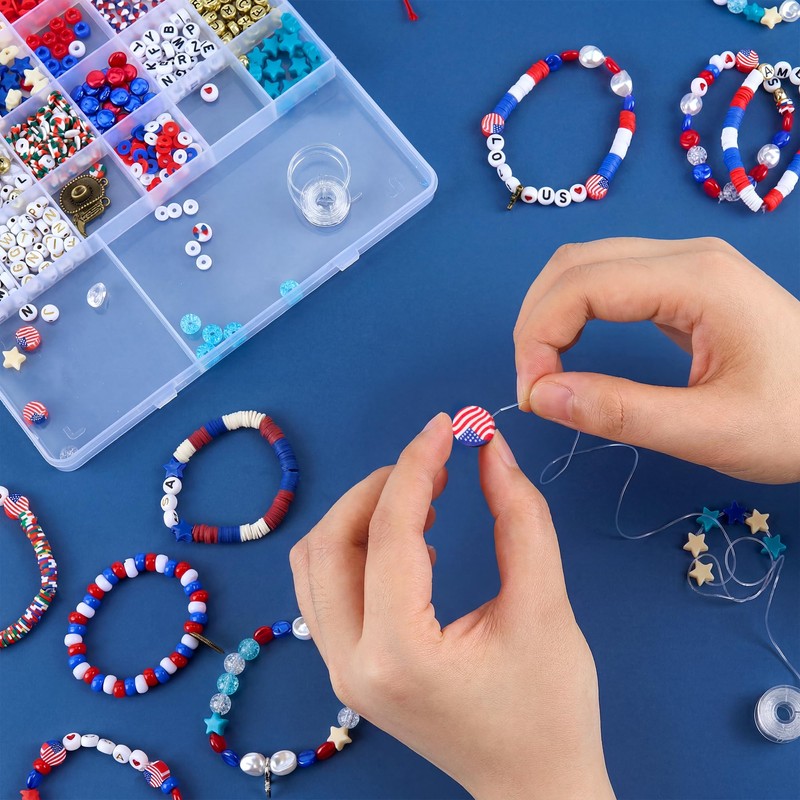 1300 Pcs Patriotic Bracelet Making Kit, Red White Blue Beads