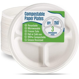 SafeWare White Eco-Friendly 3 Compartment Paper Plates, 9 Inch, 150 Count - Food Grade Sugar Cane Fiber, Compostable & Biodegradable, Hot & Cold Resistant, Heavy Duty Disposable