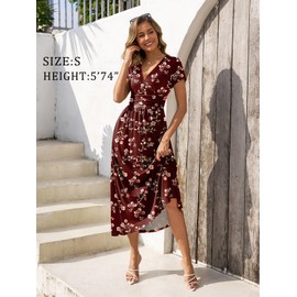 Gracyoga Maxi Dresses for Women 2025 Casual Long Short Sleeve Wrap A Line Dress Spring Flattering Elegant Elastic Waist Sundress Red Floral Printed L