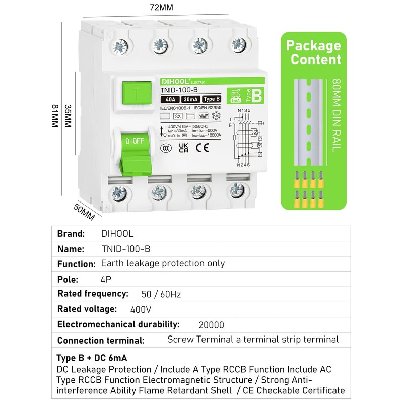 DIHOOL RCD Type B FI Circuit Breaker 40A 30mA 4-Pin