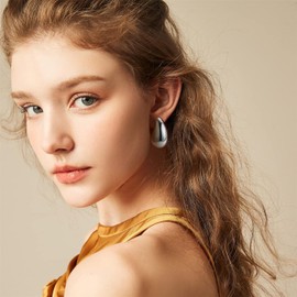 Aretes para Mujer, Pendientes de Aro de oro grueso, Aretes de lágrima chapados en oro de 18 quilates, hipoalergénicos, Arete de gota de moda grandes y colgantes, 3.2 * 1.8cm (Plata)