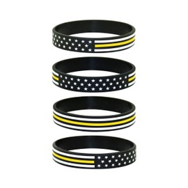Great 1 Thin Gold-Yellow Line American Flag Silicone Stretchable Bracelet 4-Pack - Emergency Dispatcher, Tow Truck Driver, Security Guard