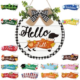Glenmal 16 Pcs Seasonal Interchangeable Dachshund Door Welcome Sign Cute Wooden Dog Welcome Sign for Front Door Rustic Replaceable Home Porch Sign for Fall Autumn Christmas(White with Plaid Frame)