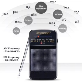 ZesGood Portable AM FM Radio Compact Transistor Radio Pocket Radio HD Speaker Black New