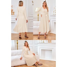 Arach&Cloz Fall Womens Sweater Dress 2024 Long Sleeve V Neck Cashmere Ribbed Knit Tie Waist Pleated A Line Pullover Fashion Belt Midi Clothes Apricot Cream Beige