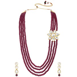 Aheli Gold Plated Maroon Traditional Stylish Kundan Work Long Necklace with Earrings Jewelry Set Gift for Women