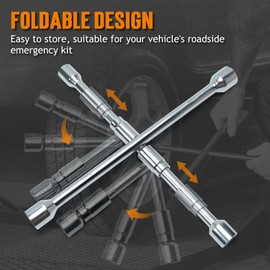 TONDA 4 Way Lug Wrench, Foldable Cross Tire Iron Lug Nut Wrench, Multi Size Chrome Plated Carbon Steel