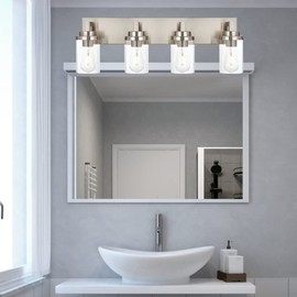 MELUCEE 4 Lights Vanity Light Brushed Nickel Modern Bathroom Lighting Fixtures Over Mirror with Clear Glass Shade, Industrial Wall Lights for Mirror Cabinet Kitchen