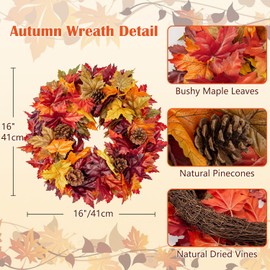 16" Artificial Fall Wreath for Front Door Autumn Wreath with Maple Leaves, Pine Cones Fall Decorations for Farmhouse Indoor Outdoor Window Wall Door Décor