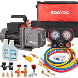 Rogvoc 5 CFM AC Vacuum Pump and Manifold Gauge Set, 110V 1/2 HP Single Stage Rotary Vane Air Vacuum Pump HVAC for R12, R22, R410a, R134a AC Refrigerant Recharging with Carry Bag