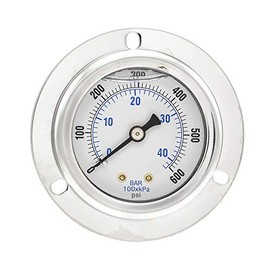 PIC Gauges 204L-404K Front Flanged Panel Mount Glycerine Filled Pressure Gauge w/ SS Case/Bezel, Brass Internals, PC Lens, 4" Dial, 0/600 psi Range, 1/4" Male NPT